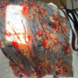 Large Floral Scarf with Red and Gray Tones